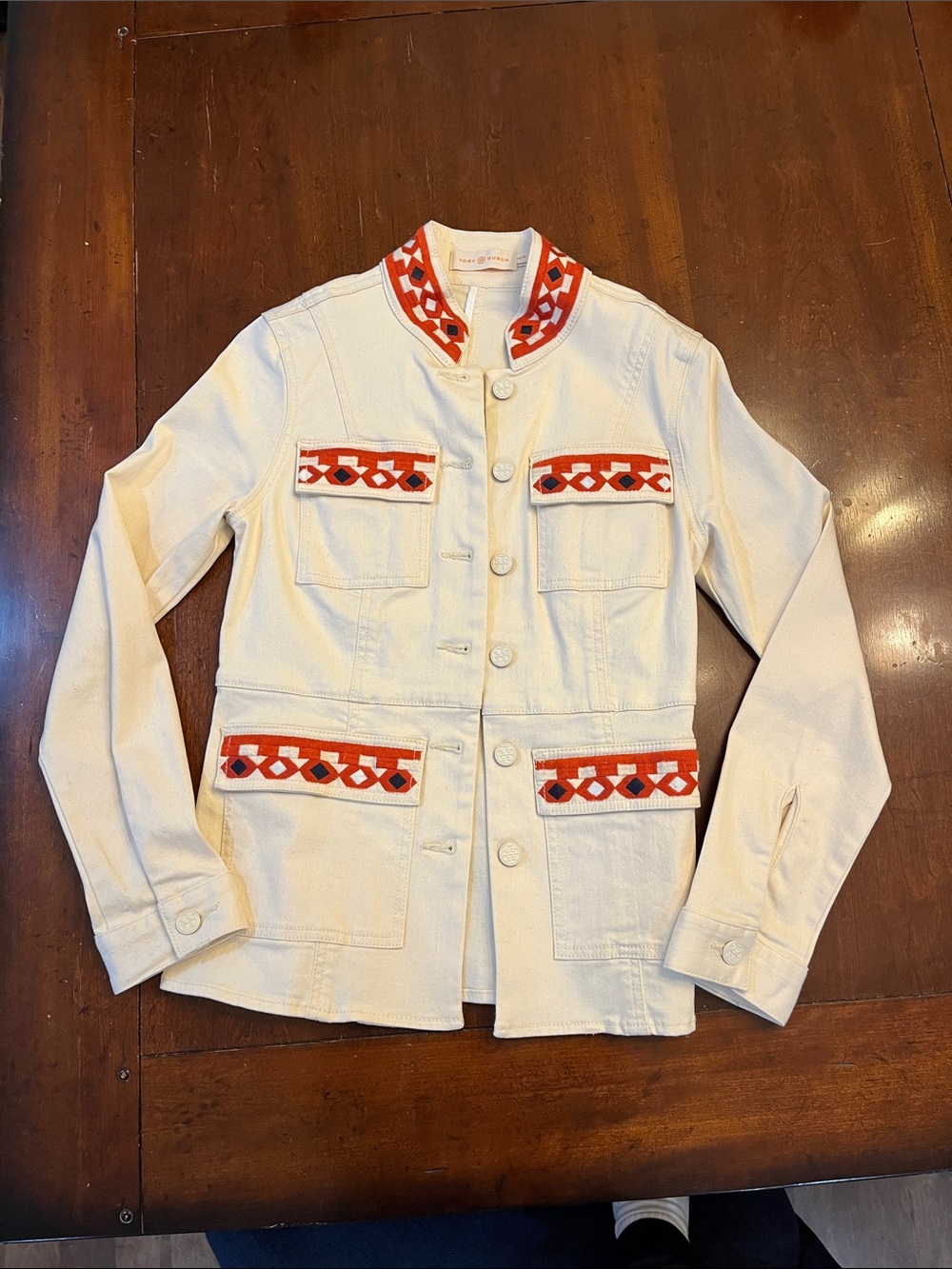Tory Burch Cream Utility Jacket with Red Trim